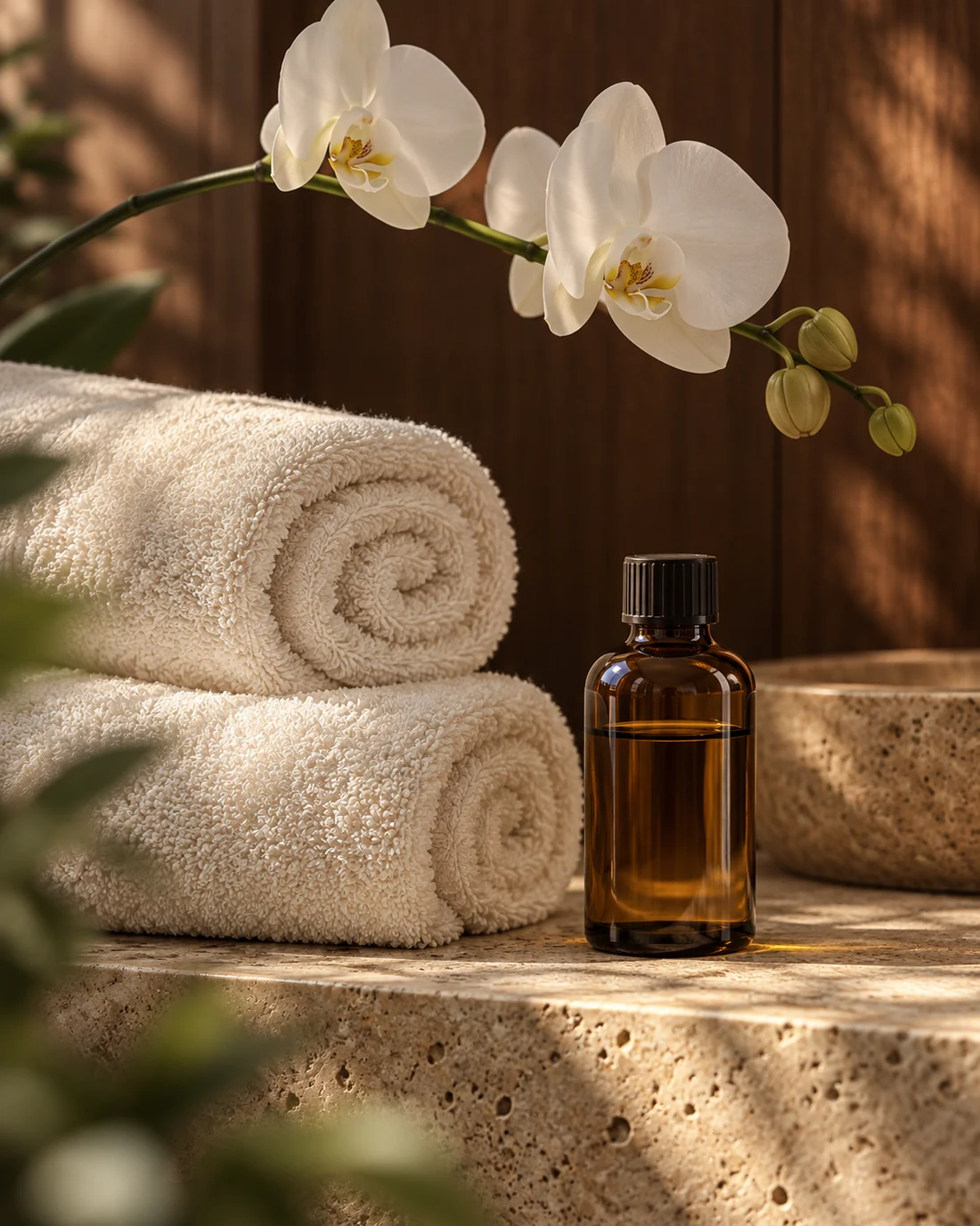 Illustrative spa still-life with towels and oil